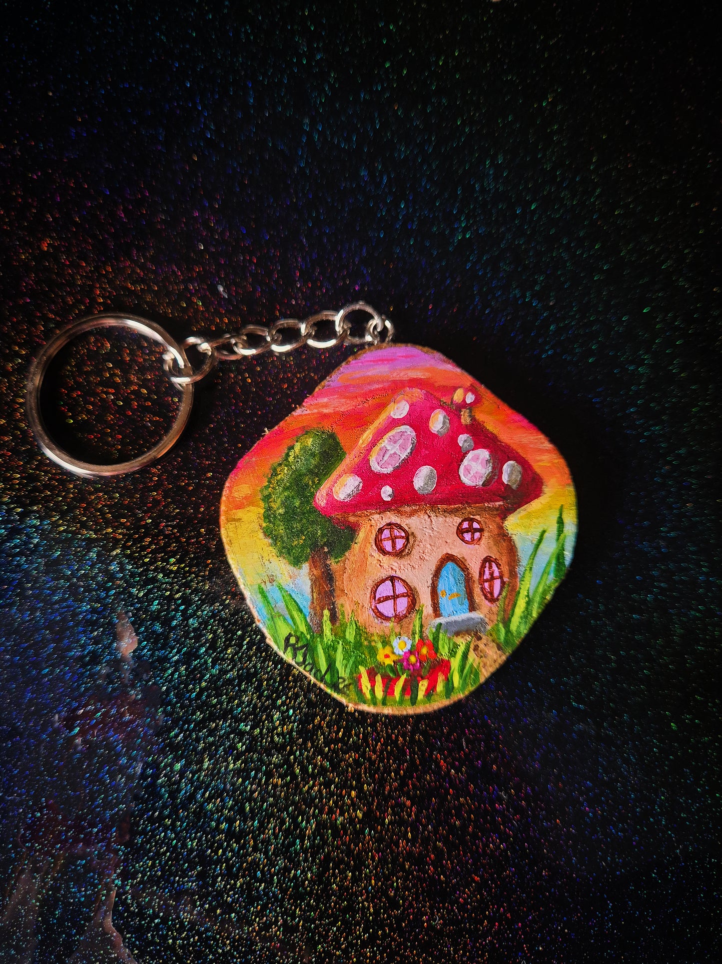 Sunset at mushroom cottage keyring