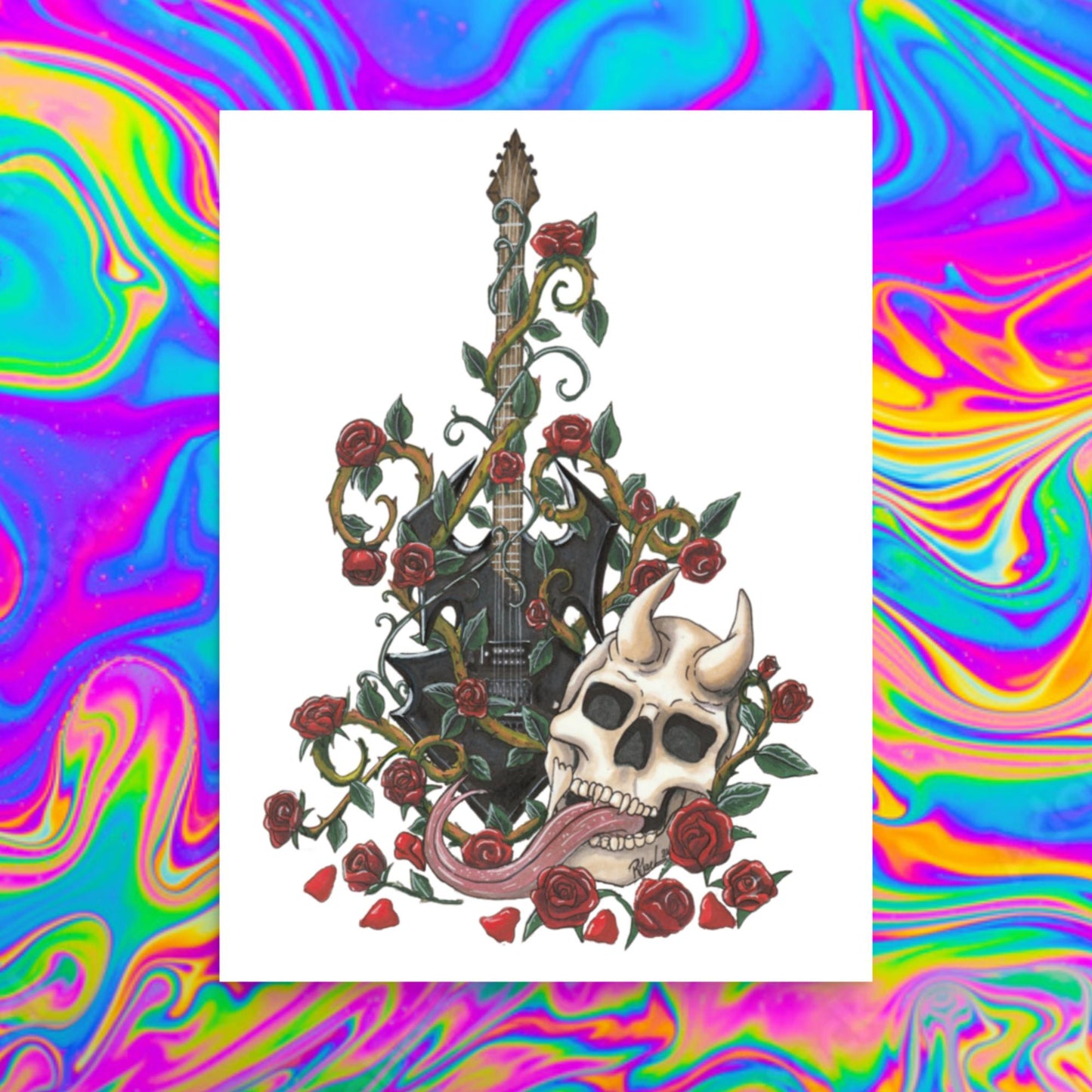 Guitar, Skulls and Roses Print