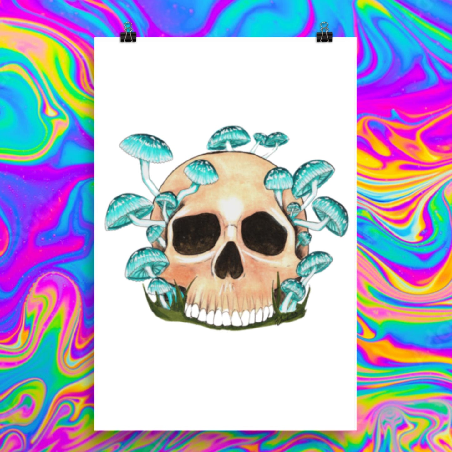 Blue mycean mushrooms skull print