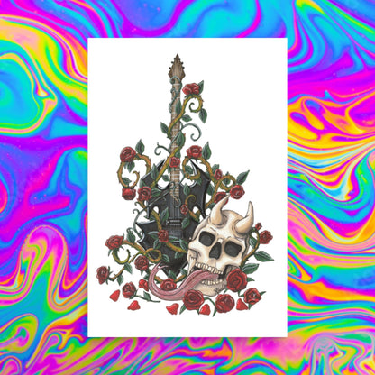Guitar, Skulls and Roses Print