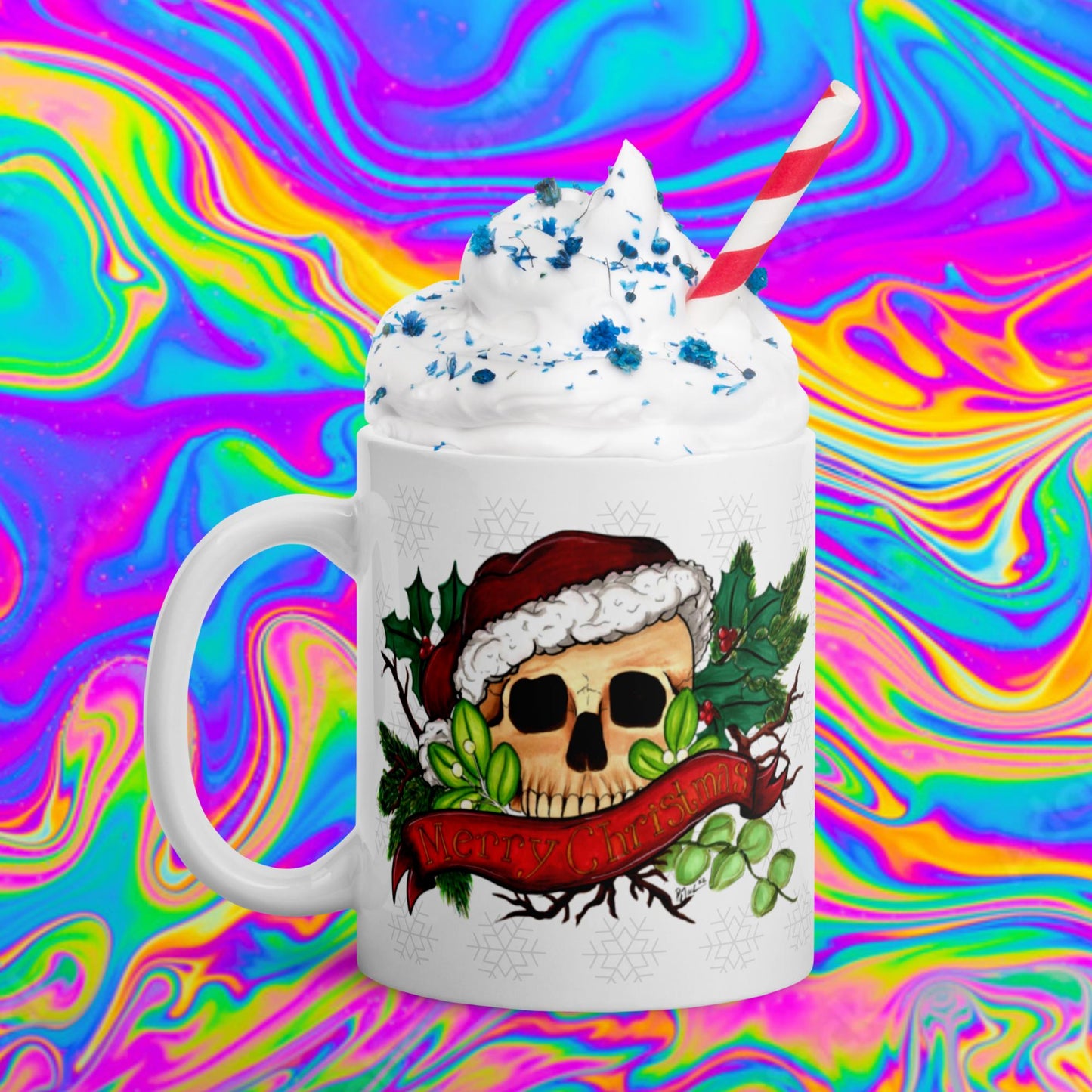 Merry Christmas skull White glossy mug