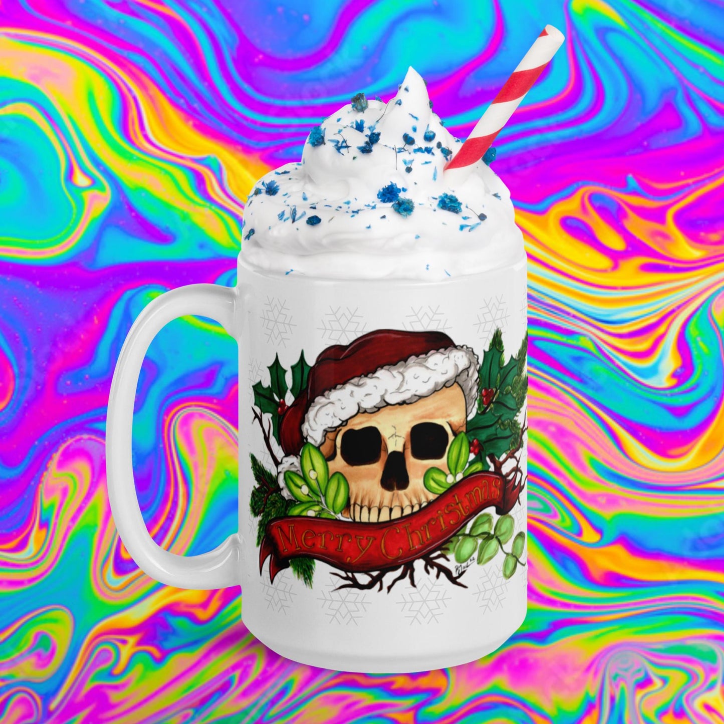 Merry Christmas skull White glossy mug