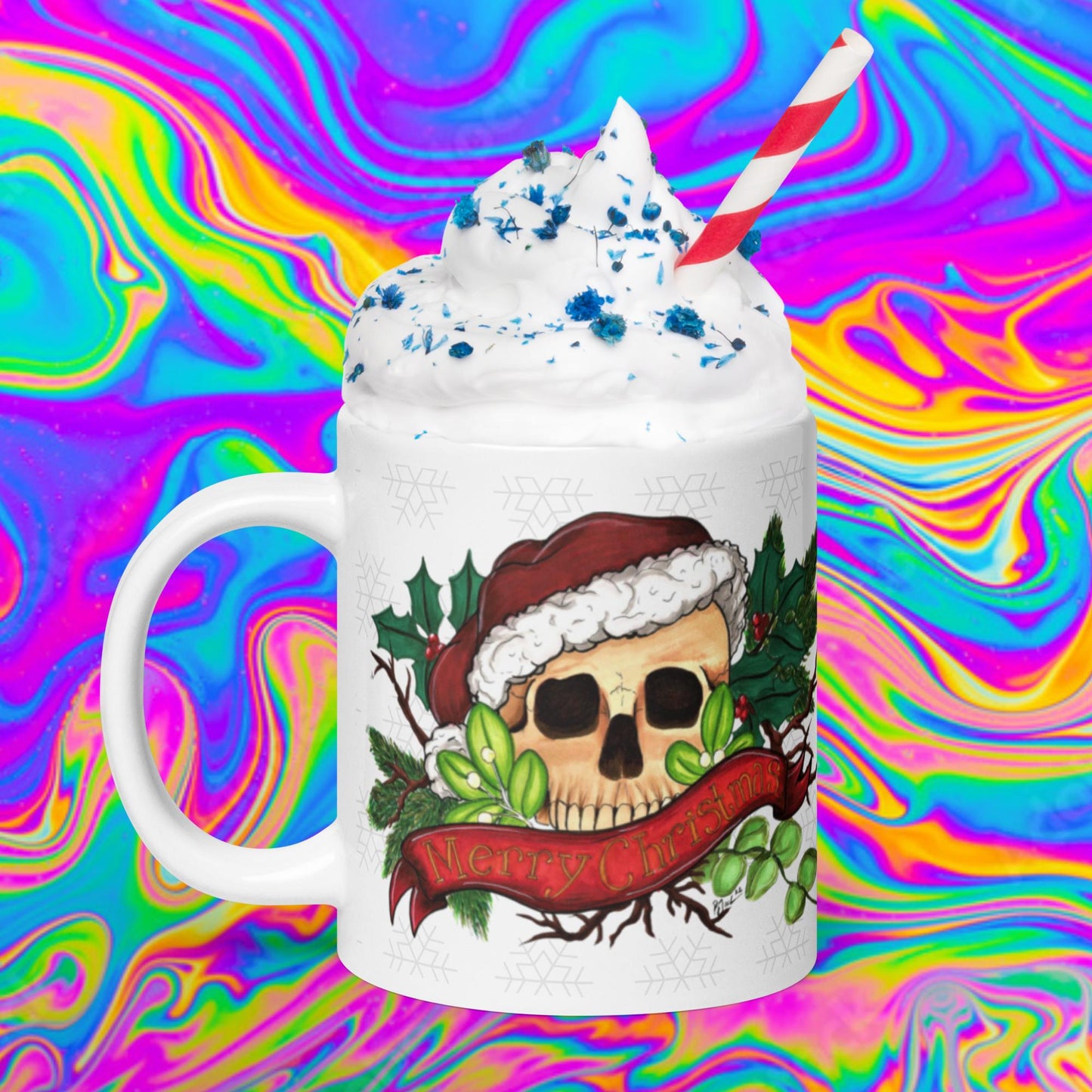 Merry Christmas skull White glossy mug